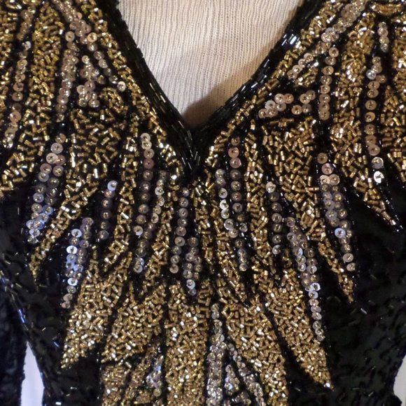 Lady Long Silk Gown Sequin Bead Size 12 Black Gold - Picture 2 of 8